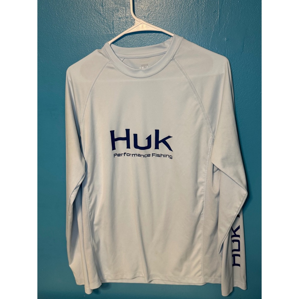 Huk Mens Performance Fishing Long Sleeve Shirt Light Blue Graphic Tee Small